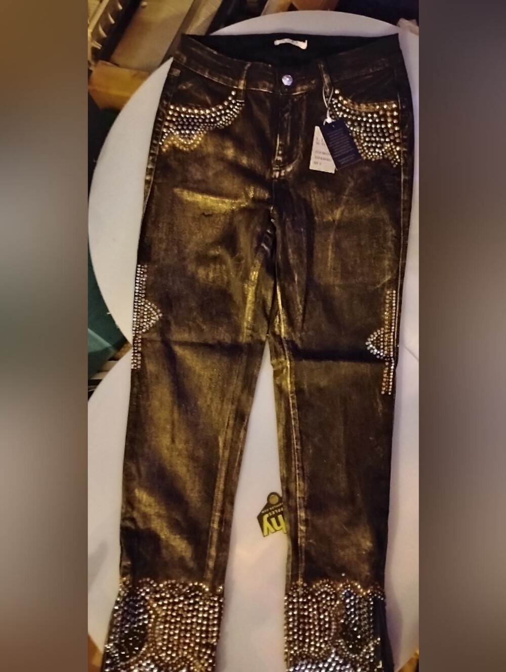 Womens Black Gold Luxe Moda Denim Jeans Rhinestone Embellished Side Zippers